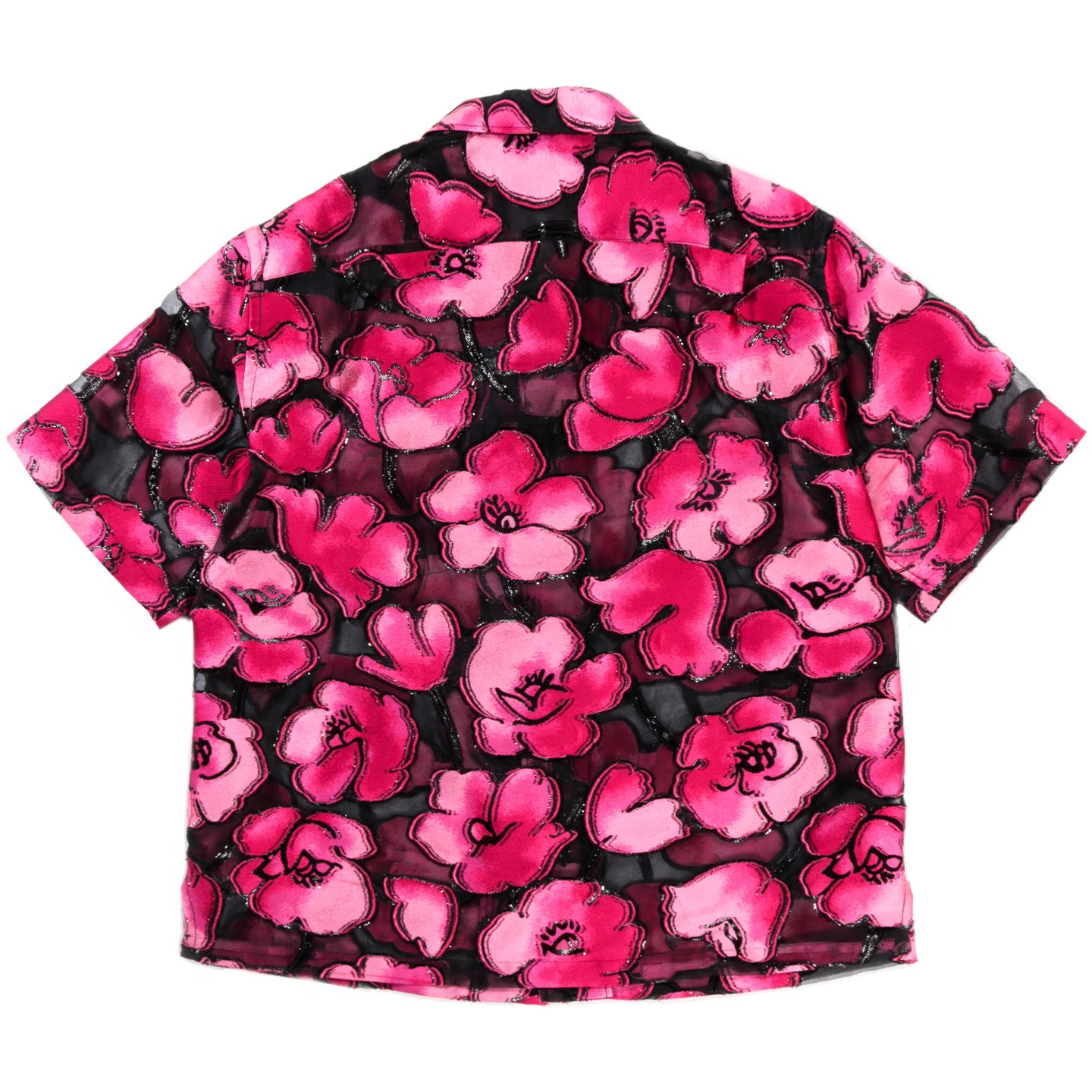 4SDESIGNS WIDE CAMP SHIRT BLACK ORGANZA W/ PINK FLORAL JACQUARD