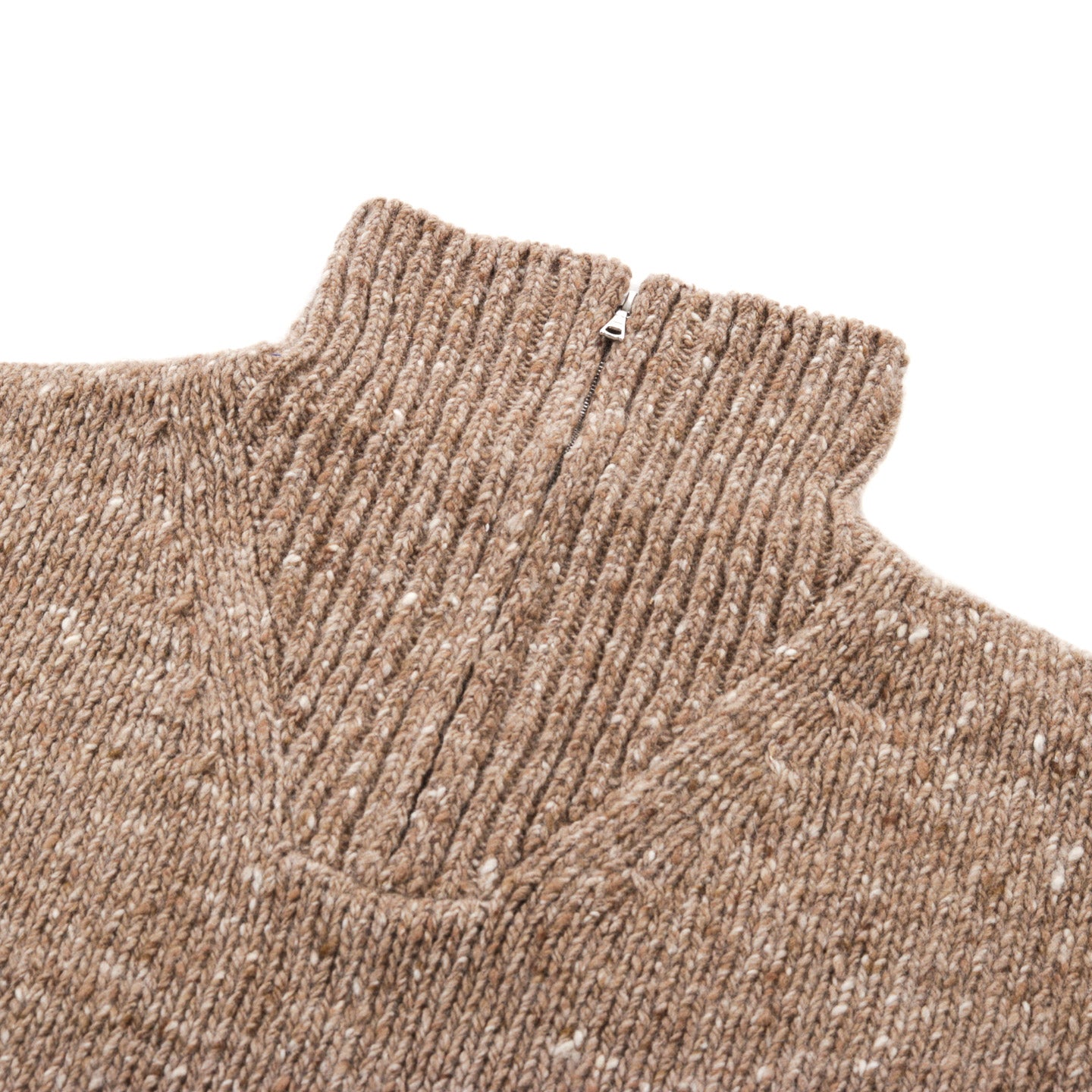 AURALEE LOW GAUGE HOMESPUN TWEED KNIT ZIP TURTLE TOP BROWN