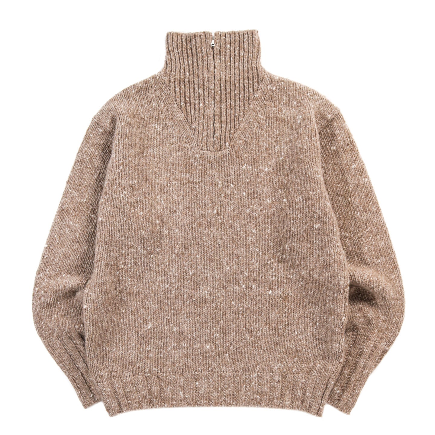 AURALEE LOW GAUGE HOMESPUN TWEED KNIT ZIP TURTLE TOP BROWN