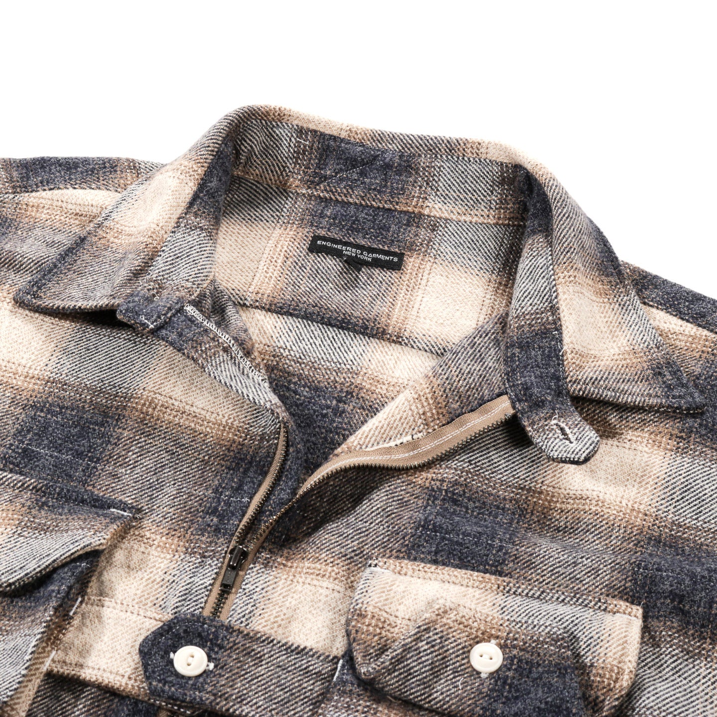 ENGINEERED GARMENTS BINOCULAR SHIRT KHAKI COTTON HEAVY SHADOW PLAID FLANNEL