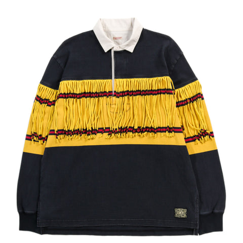 KAPITAL PANEL STRIPE JERSEY FRINGED RUGBY SHIRT BLACK