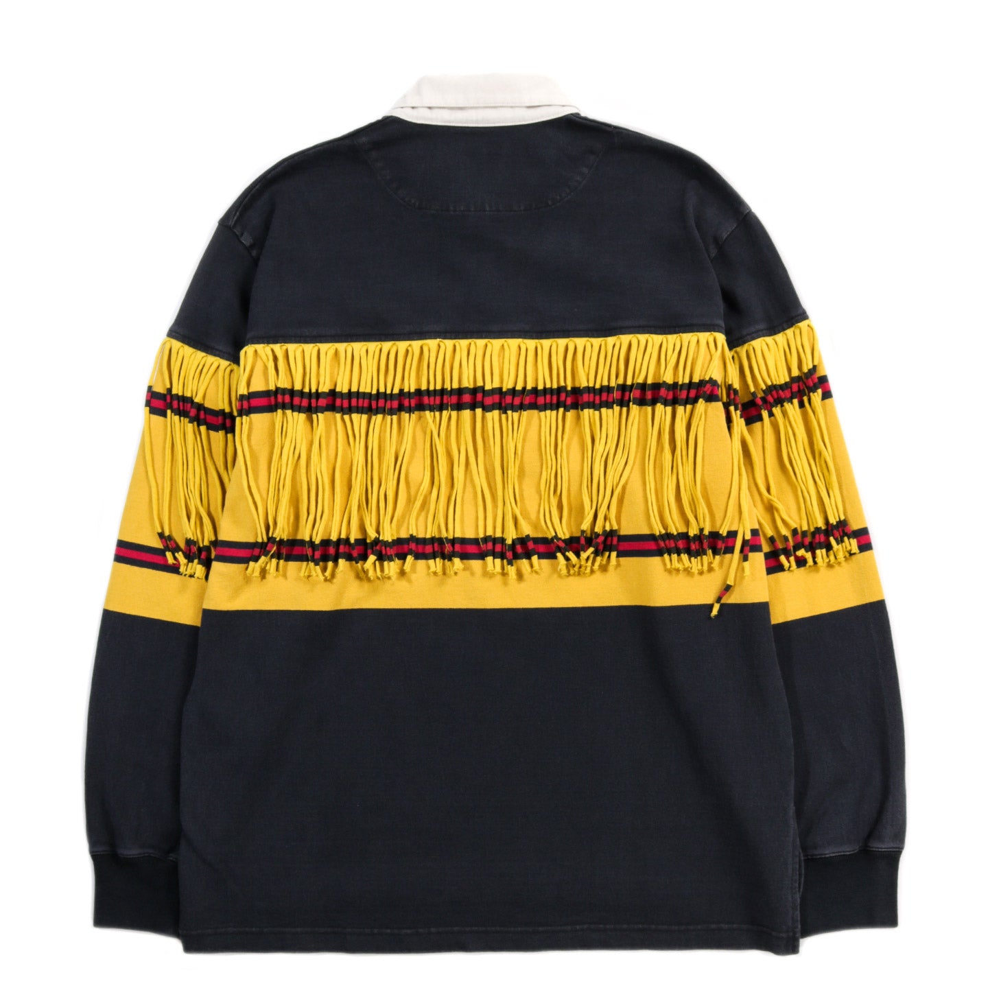 KAPITAL PANEL STRIPE JERSEY FRINGED RUGBY SHIRT BLACK