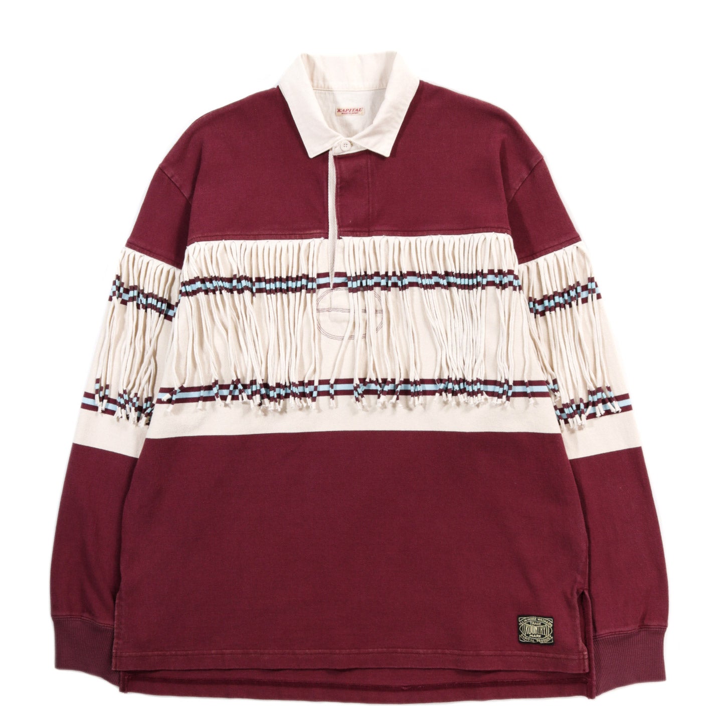 KAPITAL PANEL STRIPE JERSEY FRINGED RUGBY SHIRT BURGUNDY