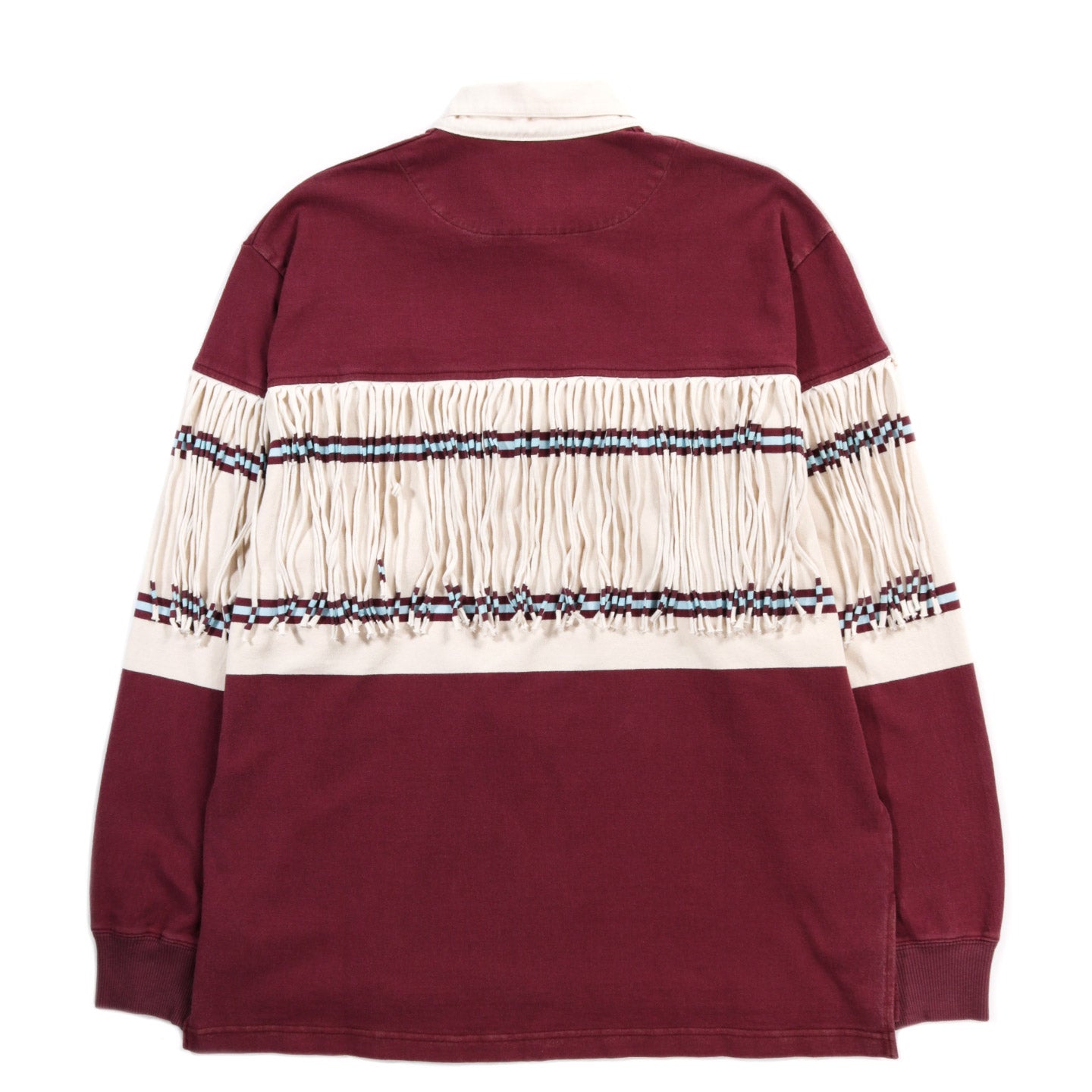 KAPITAL PANEL STRIPE JERSEY FRINGED RUGBY SHIRT BURGUNDY