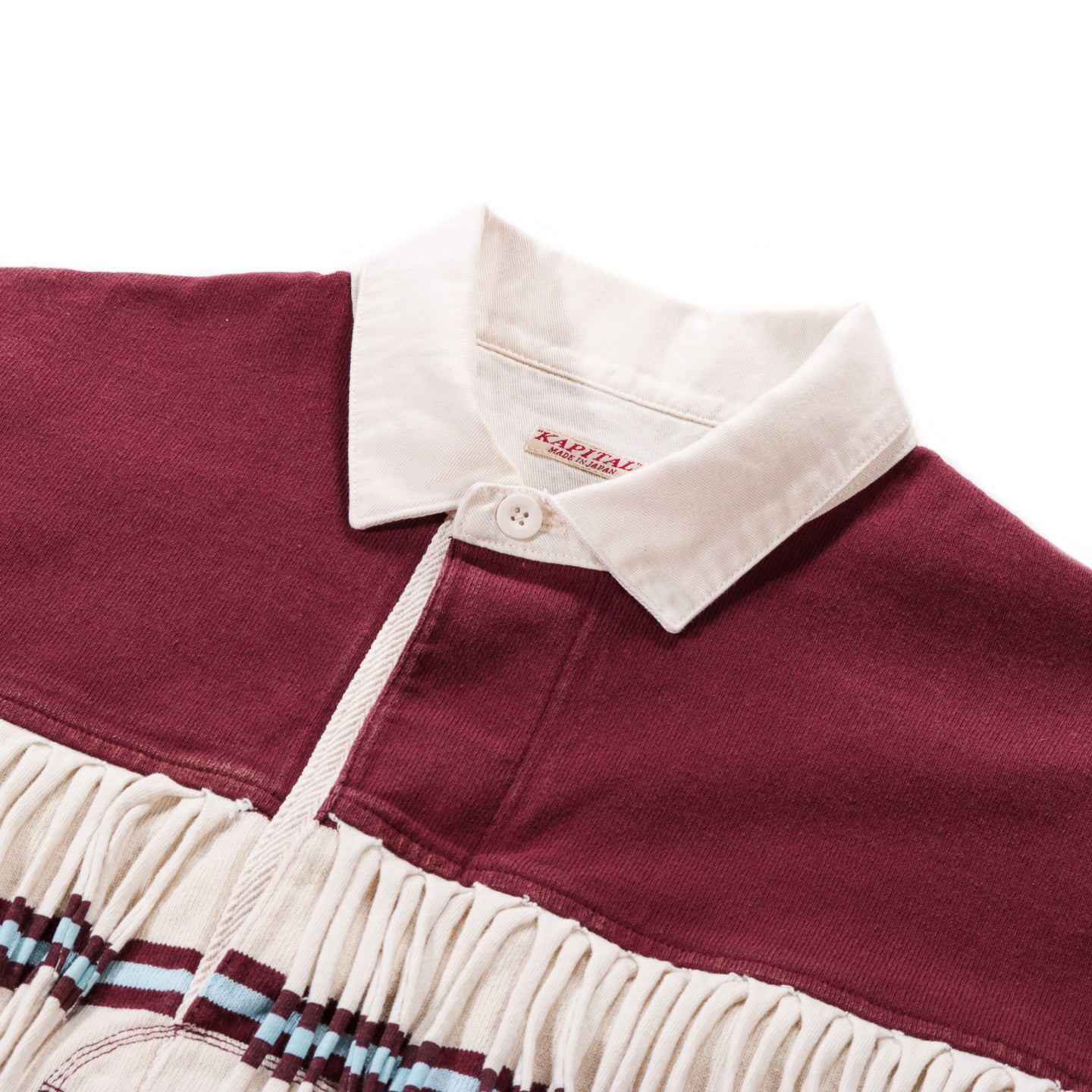 KAPITAL PANEL STRIPE JERSEY FRINGED RUGBY SHIRT BURGUNDY