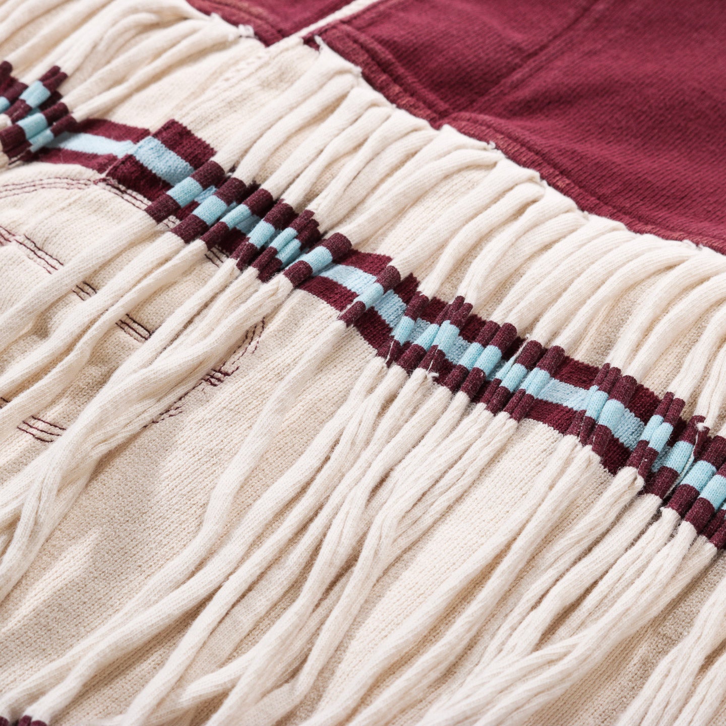 KAPITAL PANEL STRIPE JERSEY FRINGED RUGBY SHIRT BURGUNDY