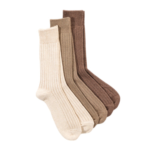 ROTOTO COTTON WOOL RIBBED CREW 3-PACK SOCKS BEIGE TONES
